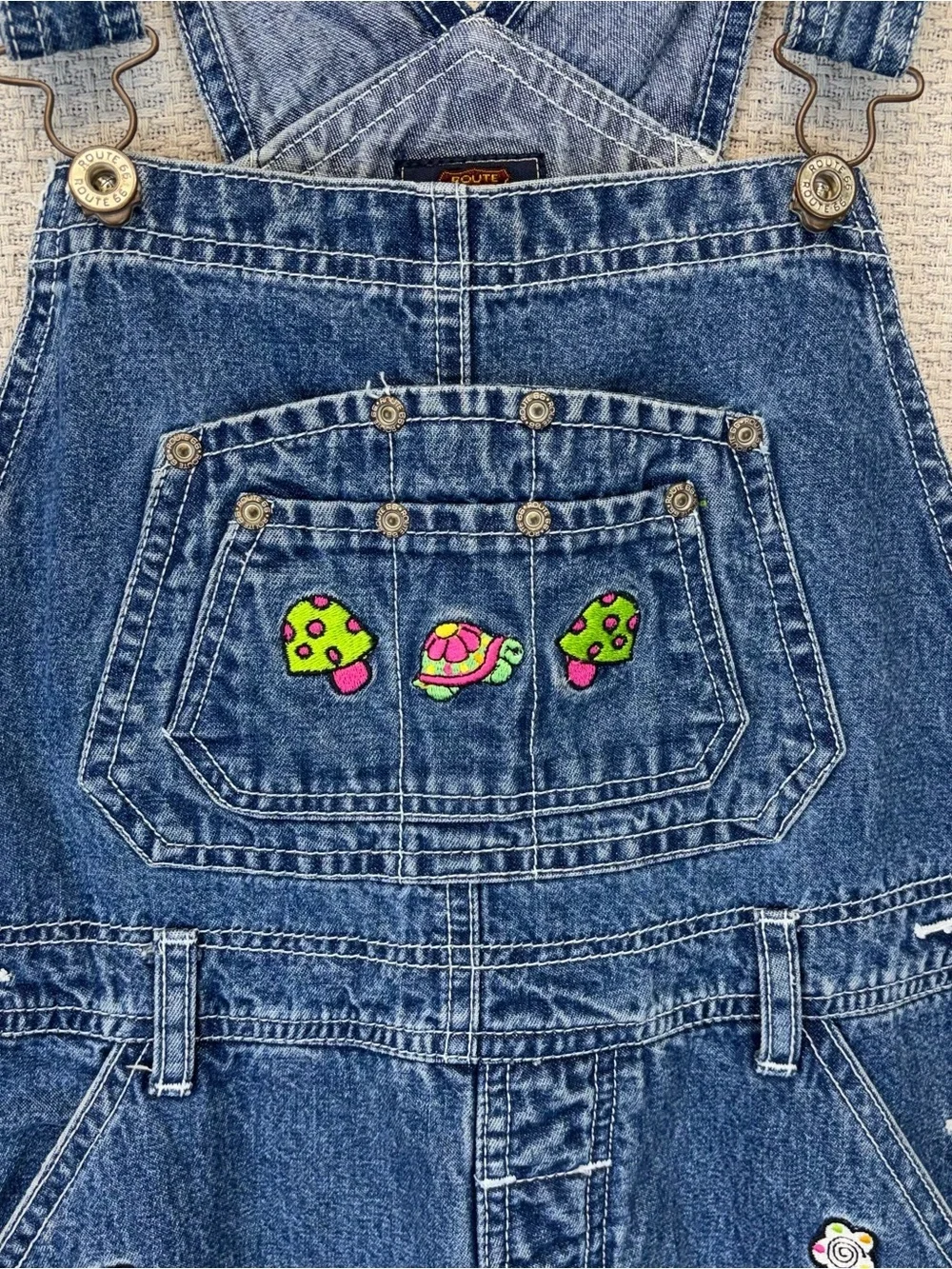 Vintage Route 66 Kid Girls Overalls Large Embroidered 90’s Y2K Retro Flowers